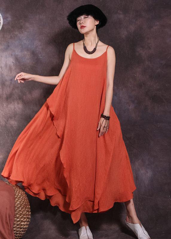 Orange Sleeveless Linen Outfit Big Hem Dresses Summer Dresses