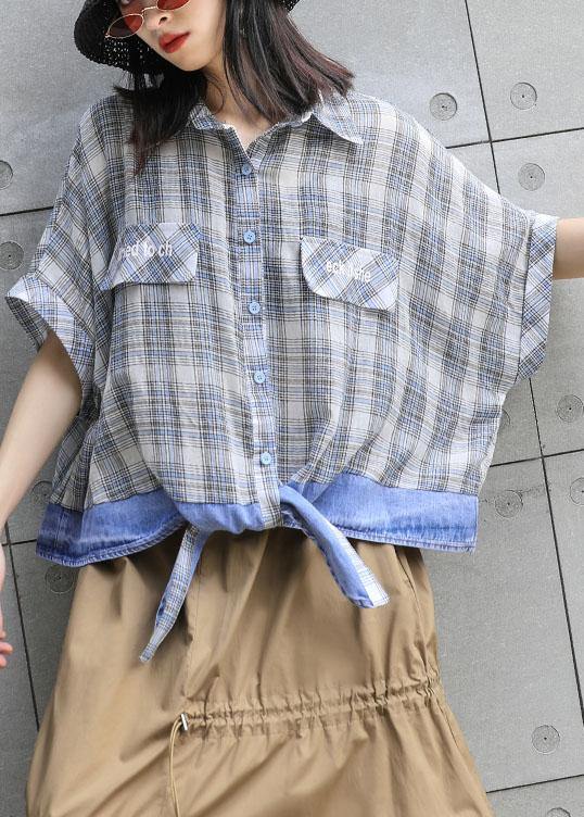 Patchwork Plaid Cotton Box Top Lapel Collar Oversized Summer Blouse
