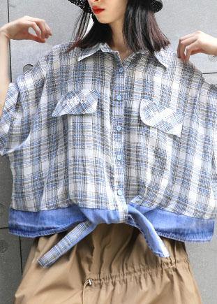 Patchwork Plaid Cotton Box Top Lapel Collar Oversized Summer Blouse