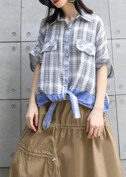 Patchwork Plaid Cotton Box Top Lapel Collar Oversized Summer Blouse