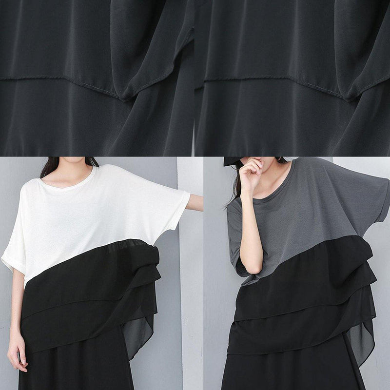 Pattern Organic White Cotton Chiffon Spliced Irregular Blouse
