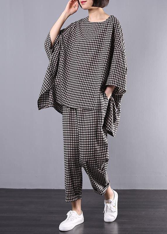 Pattern Stylish Cotton Linen Gray Plaid Blouse and Pants