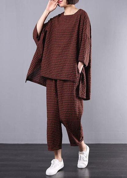 Pattern Stylish Cotton Linen Gray Plaid Blouse and Pants