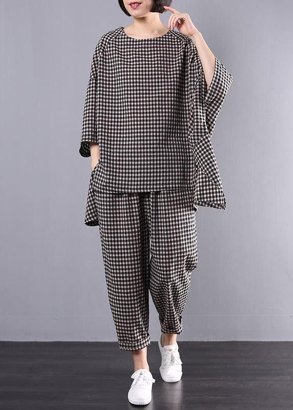 Pattern Stylish Cotton Linen Gray Plaid Blouse and Pants