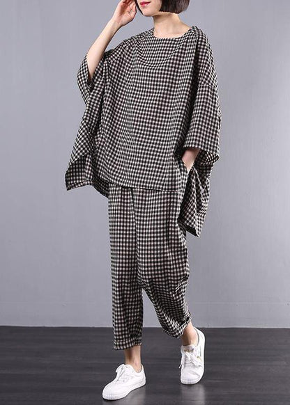 Pattern Stylish Cotton Linen Gray Plaid Blouse and Pants