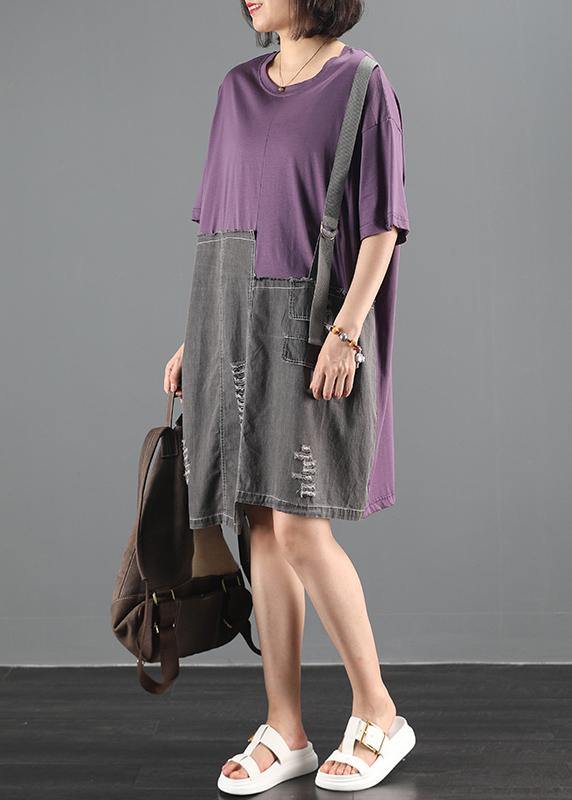 Purple Patchwork Denim Dress Pattern O Neck Baggy Summer Dress