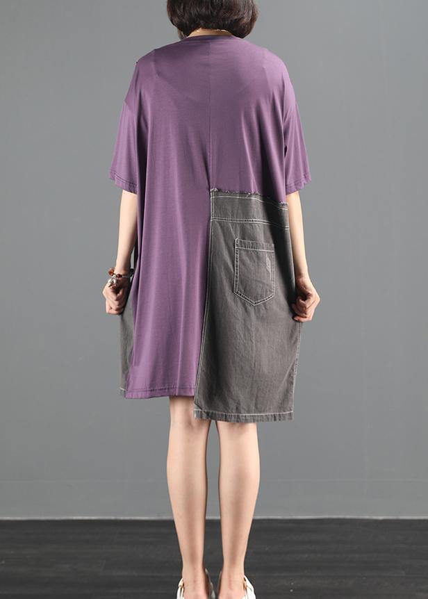Purple Patchwork Denim Dress Pattern O Neck Baggy Summer Dress