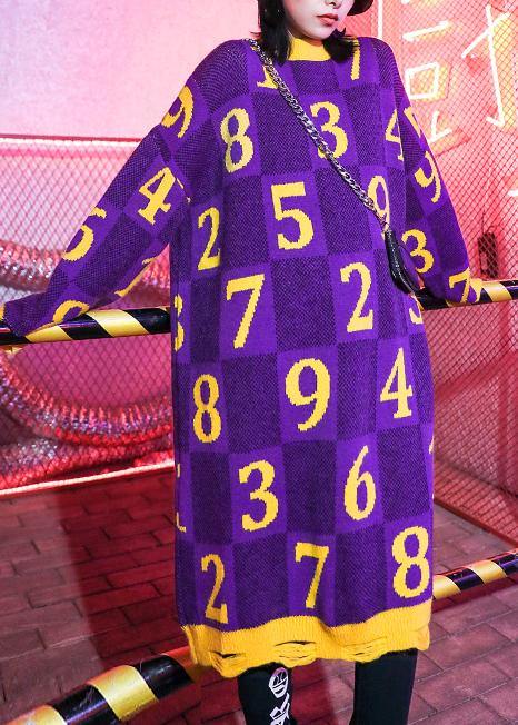 Purple Print Sweater Wardrobes Design O Neck Hole Funny Sweater Dress