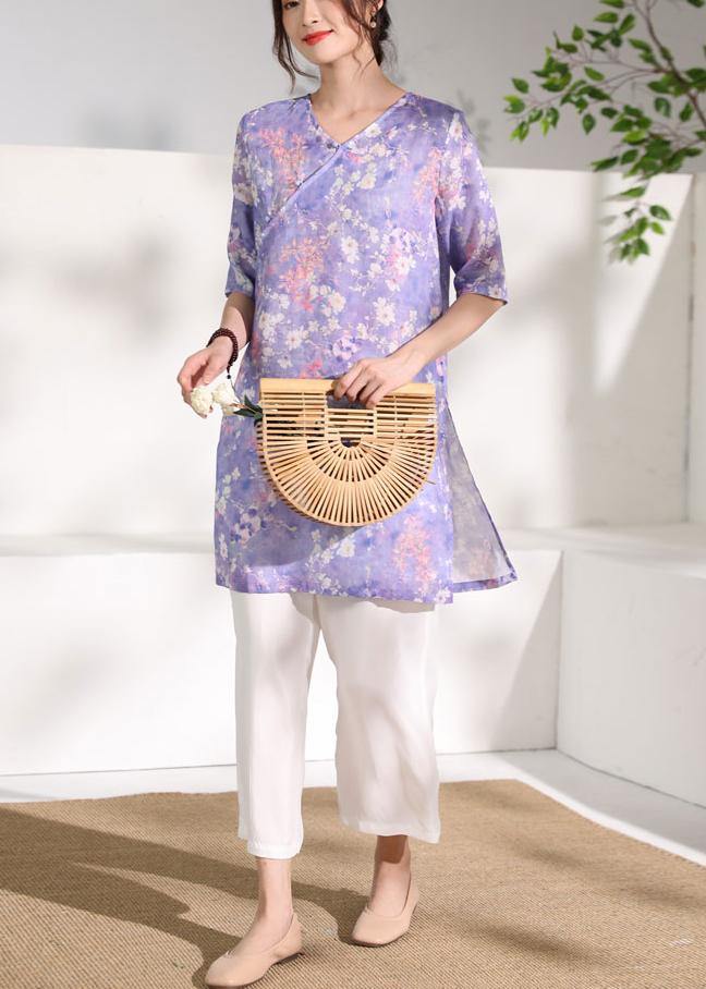 Purple Print Linen Clothes V Neck Half Sleeve Knee Tops