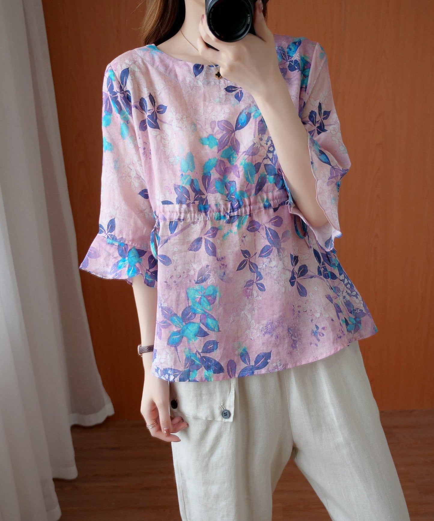 Purple Print Top O Neck Drawstring Daily Summer Blouses