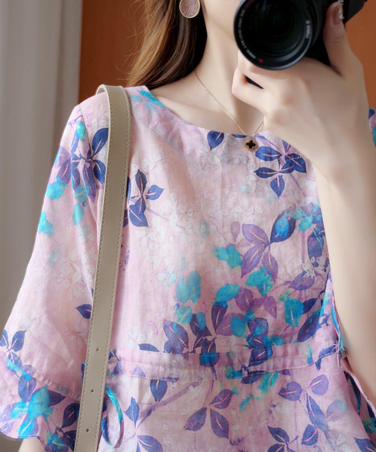Purple Print Top O Neck Drawstring Daily Summer Blouses