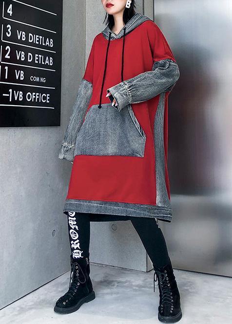 Red Cotton Clothes Hooded Maxi Patchwork Dresses