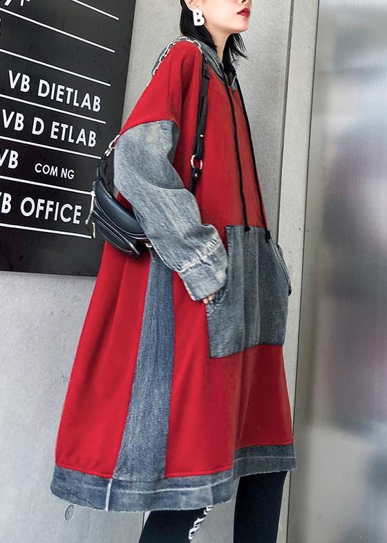 Red Cotton Clothes Hooded Maxi Patchwork Dresses