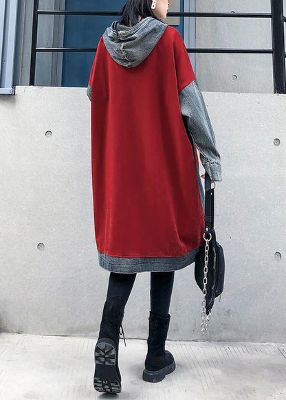 Red Cotton Clothes Hooded Maxi Patchwork Dresses