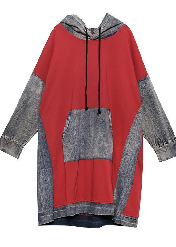 Red Cotton Clothes Hooded Maxi Patchwork Dresses