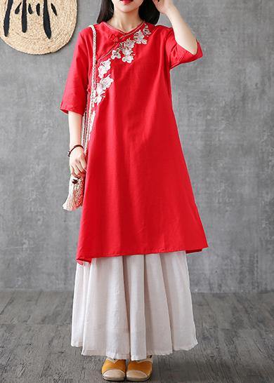 Red Cotton Dresses Embroidery Chinese Button Short Dress