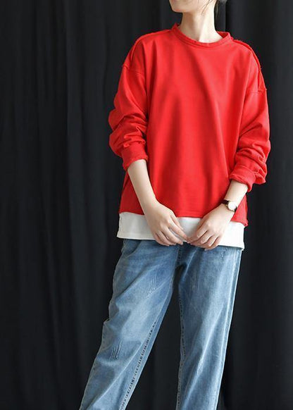 Chic red cotton shirts o neck false two pieces fall tops