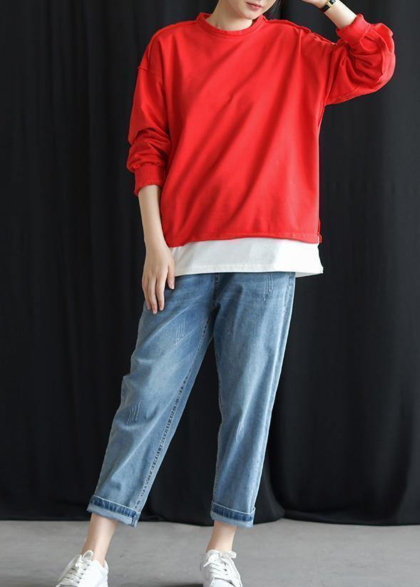 Red Cotton Shirts O Neck False Two Pieces Fall Tops