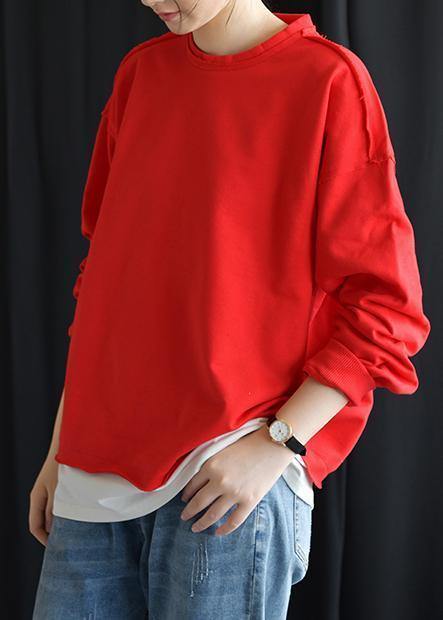 Red Cotton Shirts O Neck False Two Pieces Fall Tops