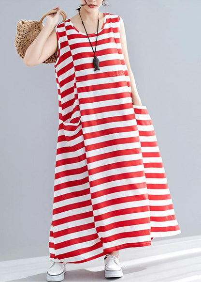 Red Striped Cotton Clothes Sleeveless O Neck Pockets Long Summer Dress