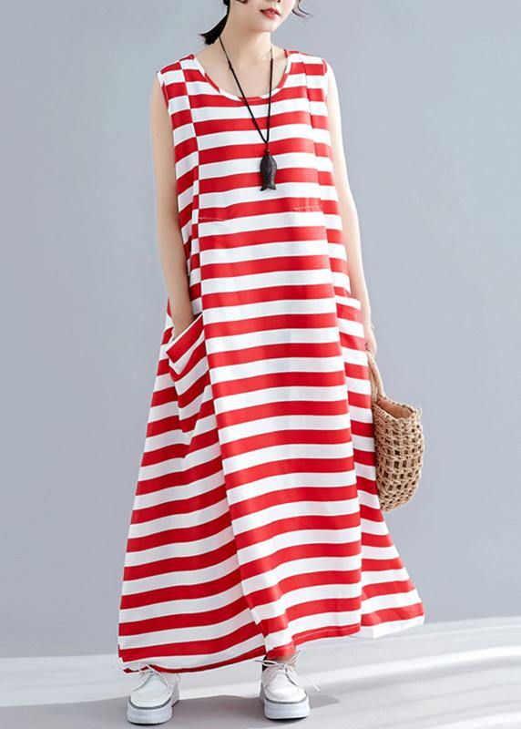 Red Striped Cotton Clothes Sleeveless O Neck Pockets Long Summer Dress