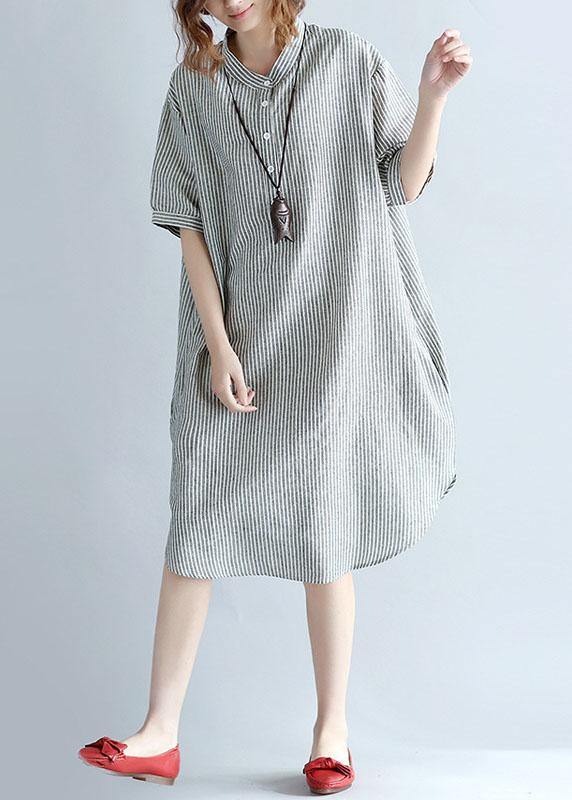 Side Open Cotton Long Shirts Work Gray Striped Dresses Summer