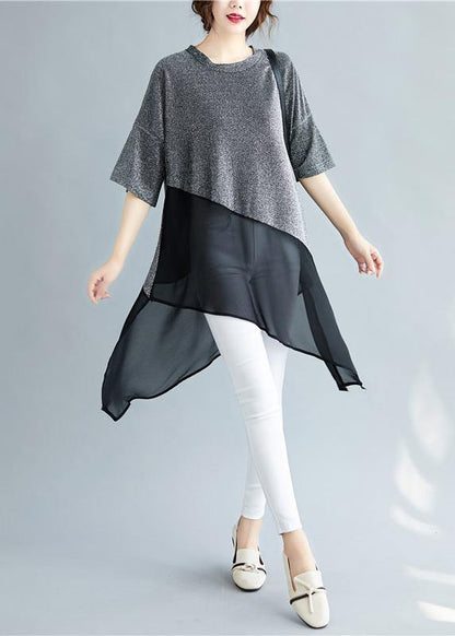 Silver Linen Tops O Neck Asymmetric Silhouette Summer Shirt
