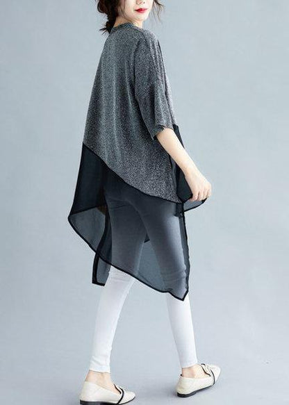 Silver Linen Tops O Neck Asymmetric Silhouette Summer Shirt
