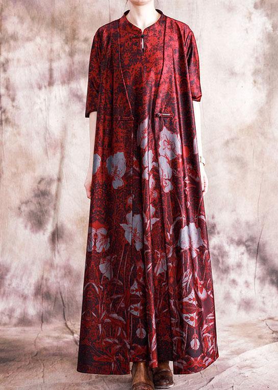 Stand Collar Chinese Button Sleeveless Cotton Tunic Top Linen Red Print Dresses Fall