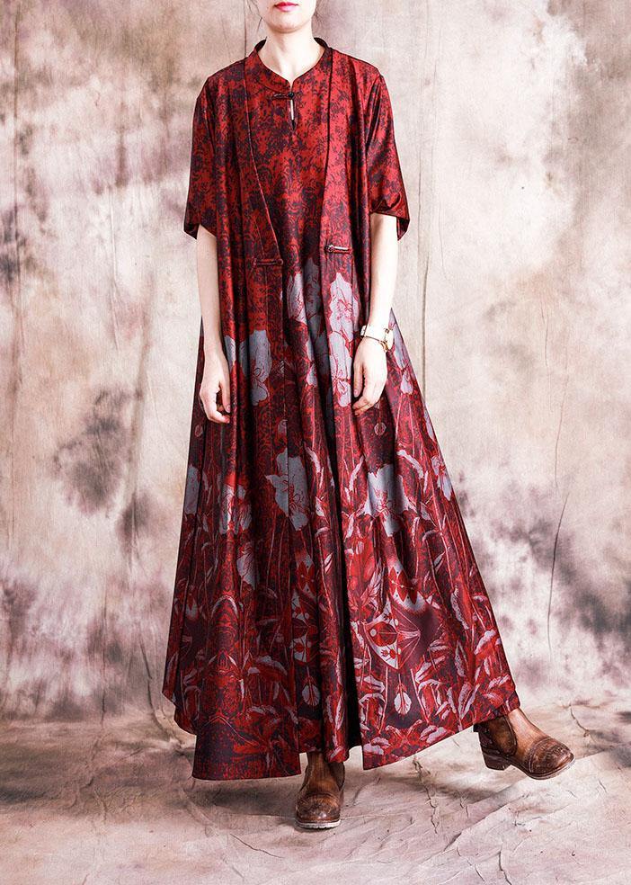 Stand Collar Chinese Button Sleeveless Cotton Tunic Top Linen Red Print Dresses Fall