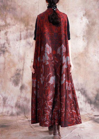 Stand Collar Chinese Button Sleeveless Cotton Tunic Top Linen Red Print Dresses Fall