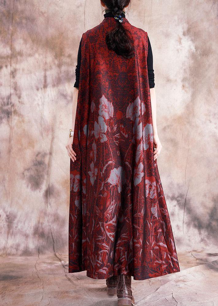 Stand Collar Chinese Button Sleeveless Cotton Tunic Top Linen Red Print Dresses Fall