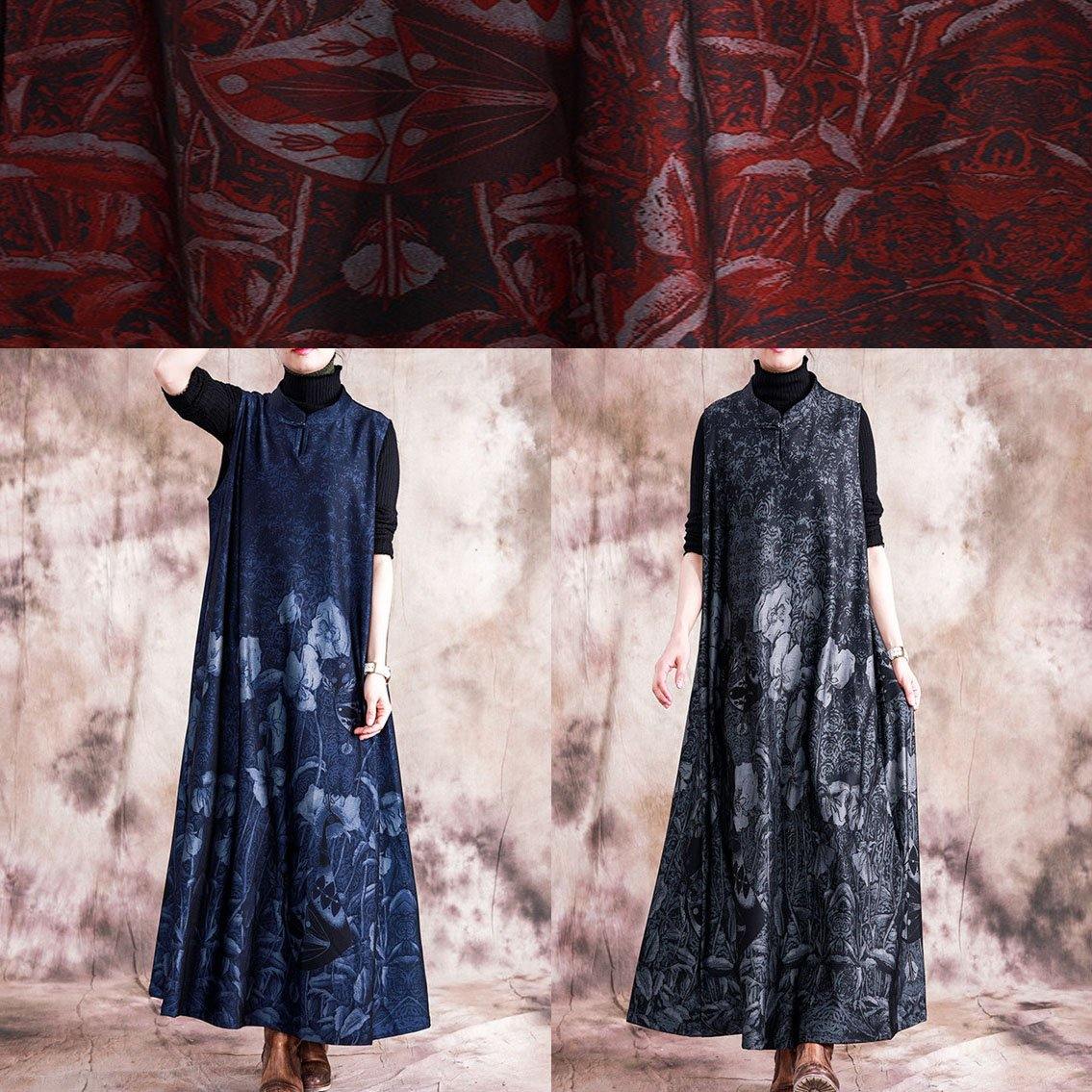 Stand Collar Chinese Button Sleeveless Cotton Tunic Top Linen Red Print Dresses Fall