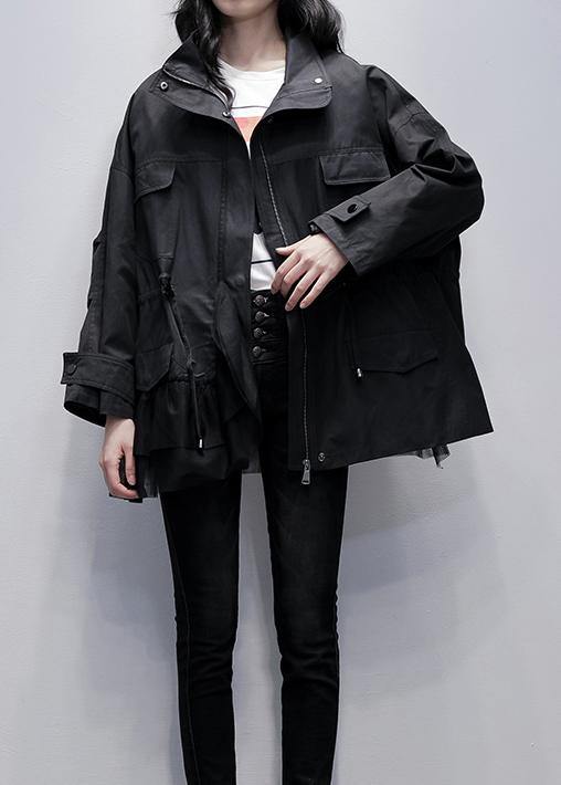 Stand Collar Coats Black Patchwork Tulle Short Jackets