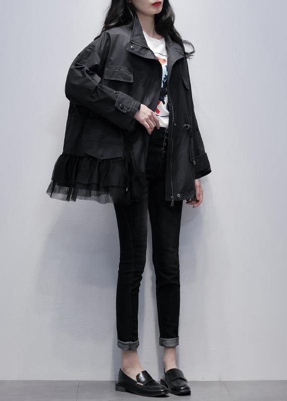 Stand Collar Coats Black Patchwork Tulle Short Jackets