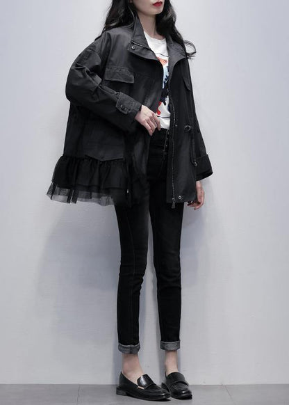 Stand Collar Coats Black Patchwork Tulle Short Jackets