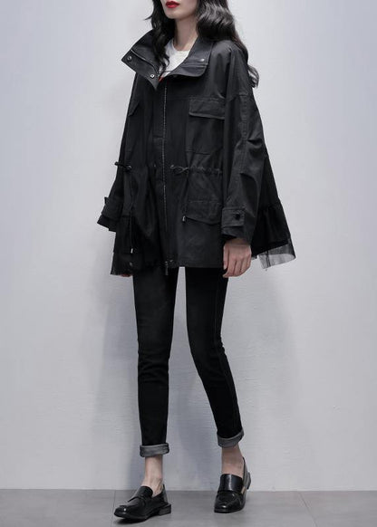 Stand Collar Coats Black Patchwork Tulle Short Jackets
