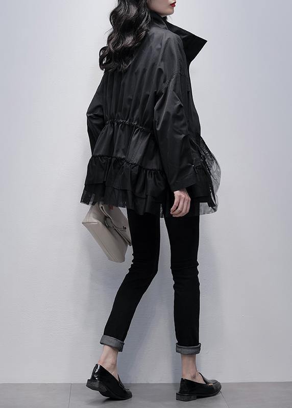 Stand Collar Coats Black Patchwork Tulle Short Jackets