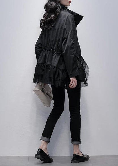Stand Collar Coats Black Patchwork Tulle Short Jackets