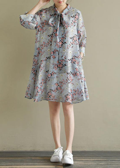 Stand Collar Half Sleeve Light Blue Print Dress Summer