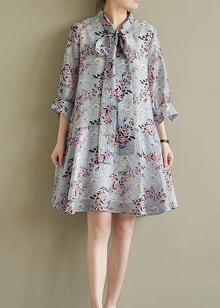 Stand Collar Half Sleeve Light Blue Print Dress Summer