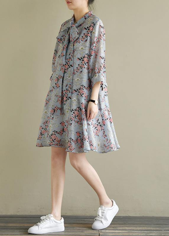 Stand Collar Half Sleeve Light Blue Print Dress Summer