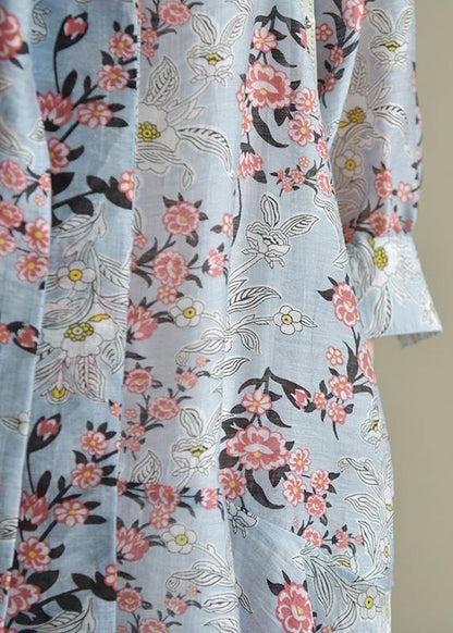 Stand Collar Half Sleeve Light Blue Print Dress Summer