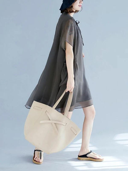Stand Collar Pockets Outfit Sewing Gray Dresses
