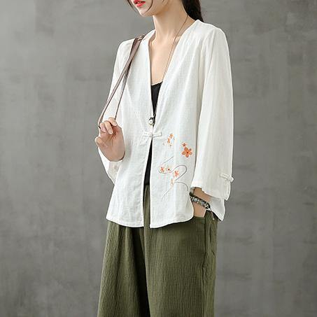 V Neck Chinese Button Crane Tops Pattern White Shirts
