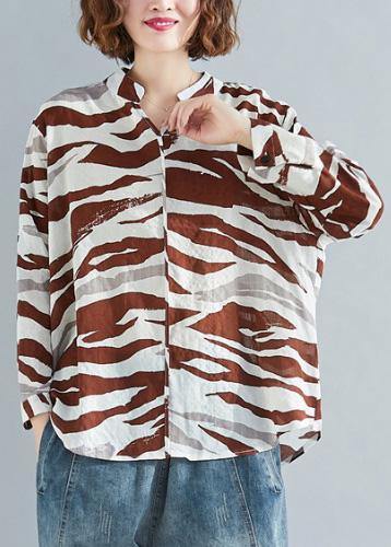 V Neck Asymmetric Linen Clothes for Chocolate Striped Cotton Shirt