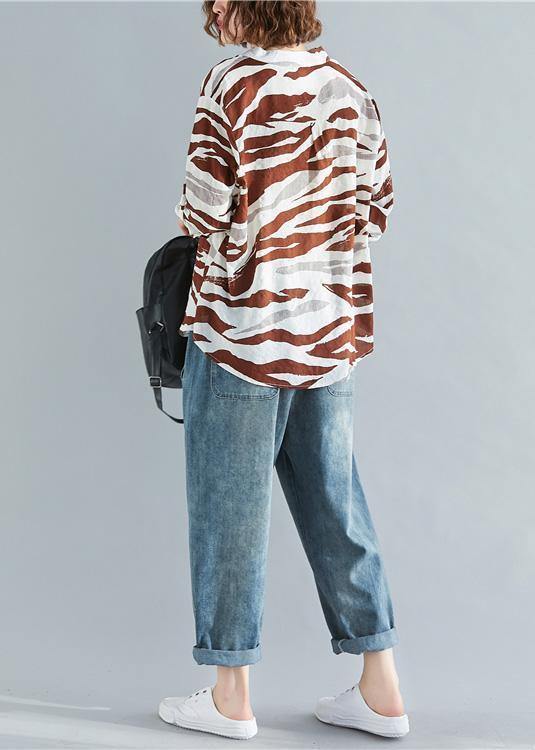 V Neck Asymmetric Linen Clothes for Chocolate Striped Cotton Shirt