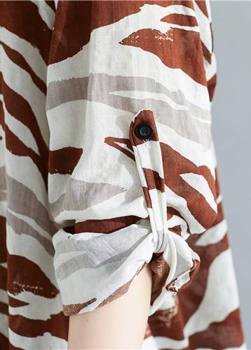 V Neck Asymmetric Linen Clothes for Chocolate Striped Cotton Shirt