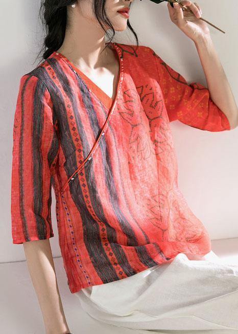 V Neck Half Sleeve Linen Blouse Shirts Red Print Top