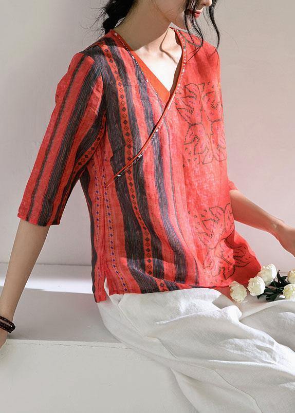 V Neck Half Sleeve Linen Blouse Shirts Red Print Top